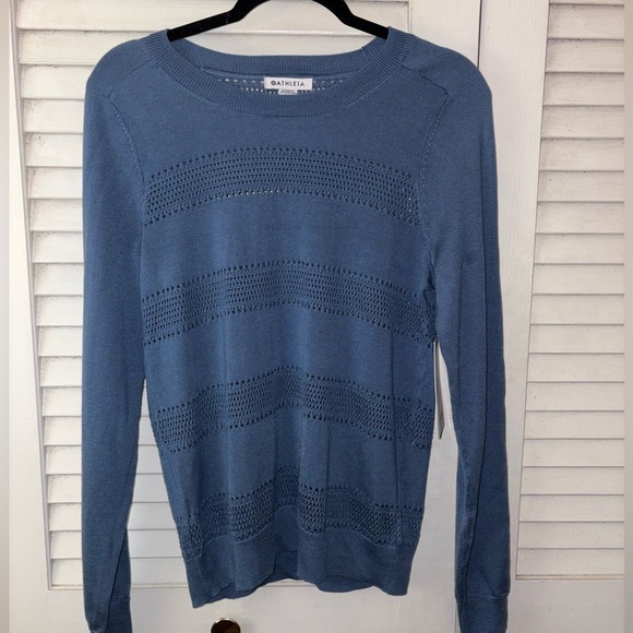 NWT Athleta Pointelle Crewneck Sweater Cottage Blue Small Cozy - Picture 2 of 6